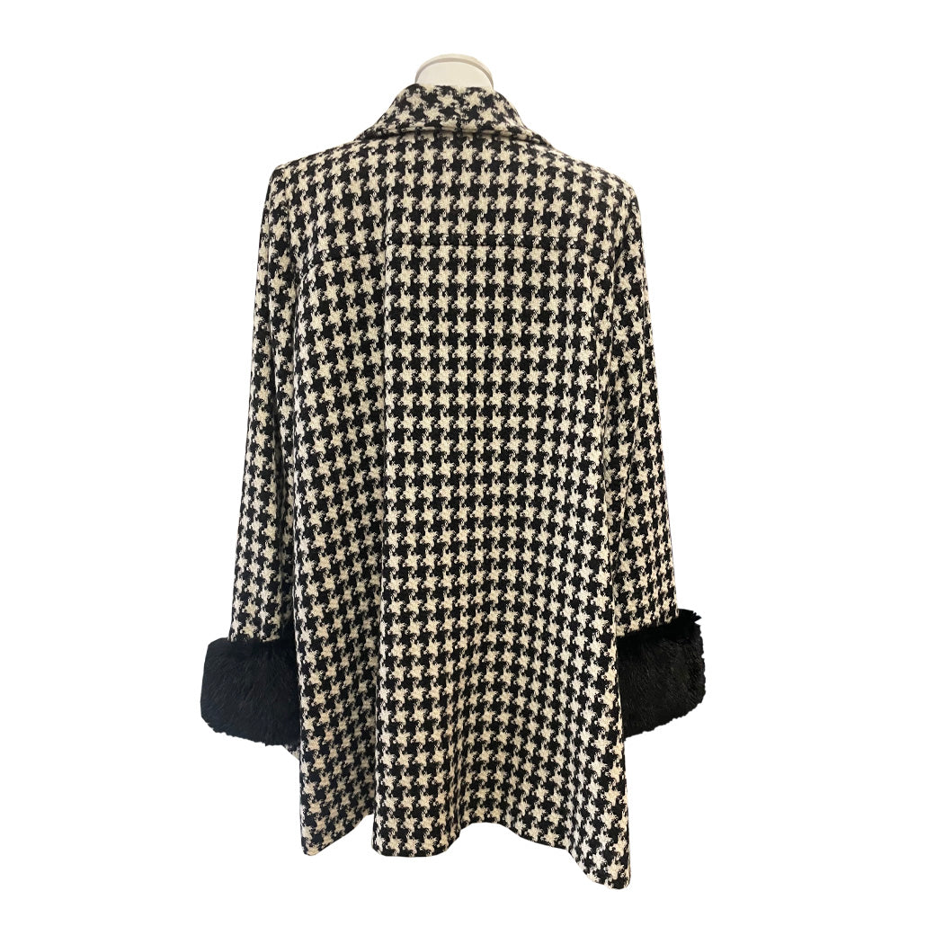Vintage Houndstooth Wool Coat with Faux Fur