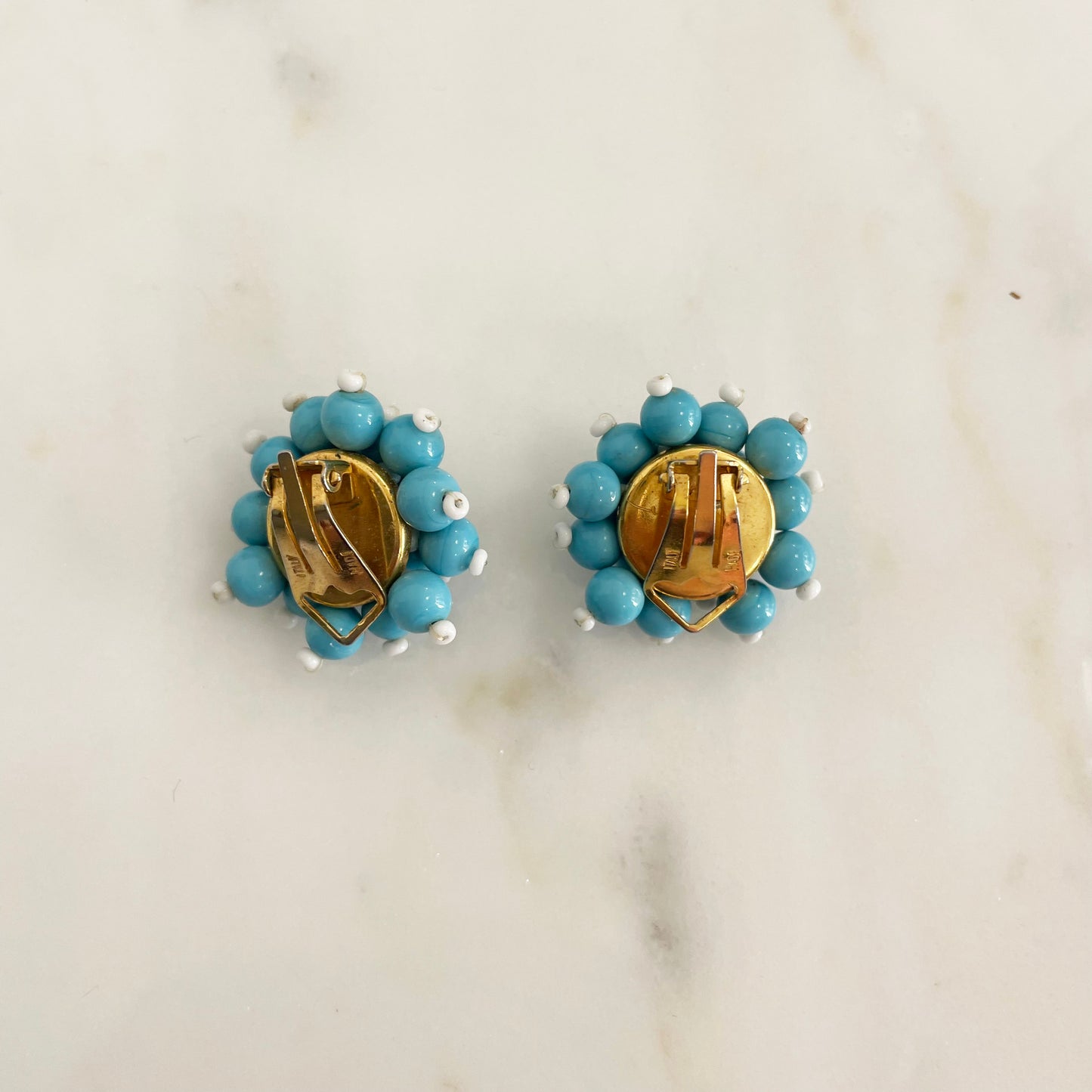 Vintage Clip Earrings In Blue Beads 1960s