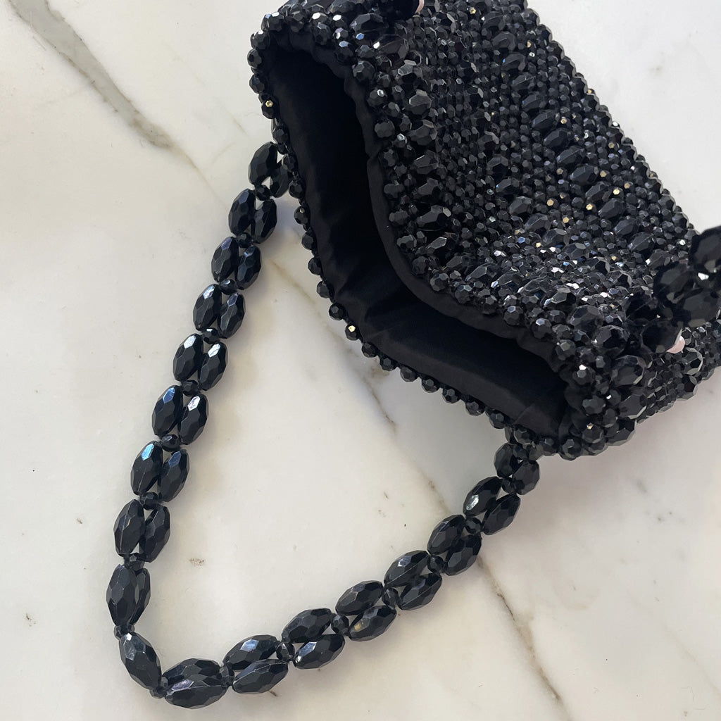 Vintage Black Beaded Bag 1960s