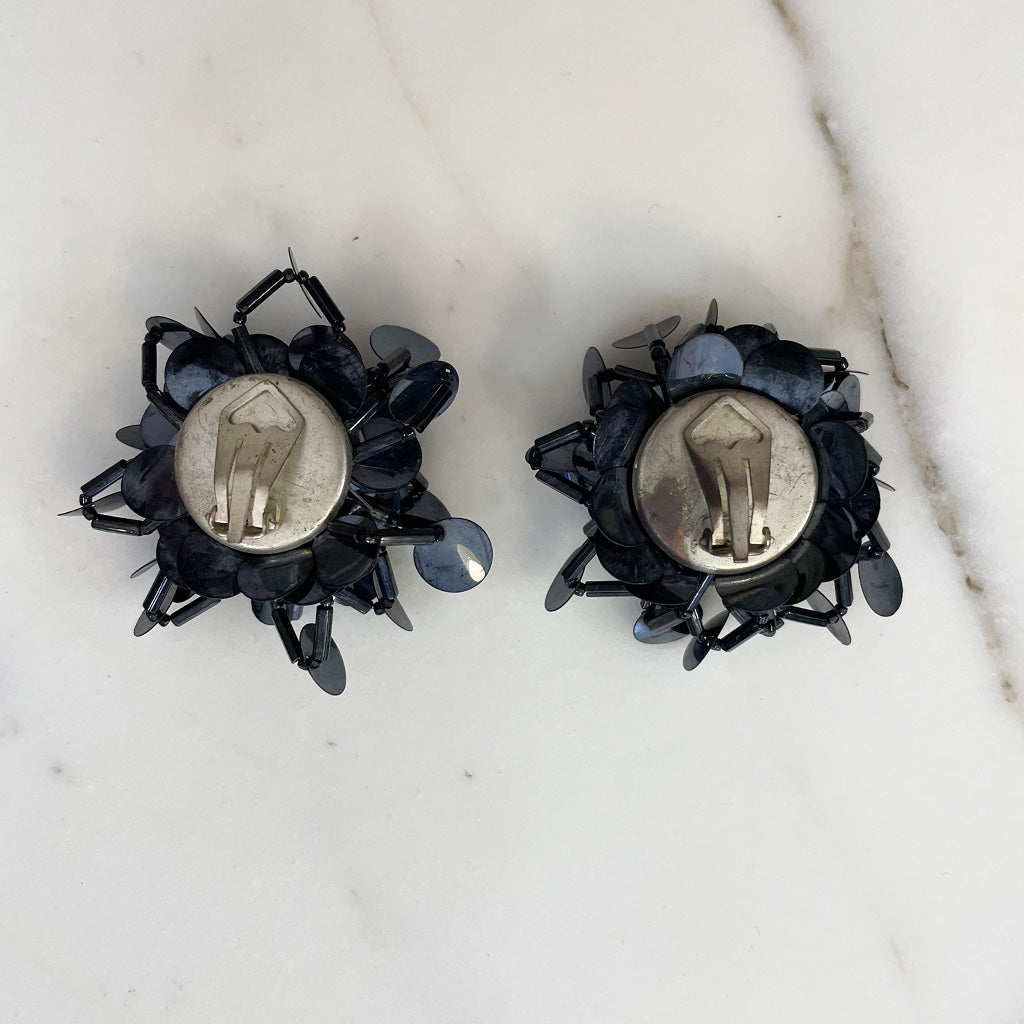 Vintage Black Beaded Clip Earrings 1980s