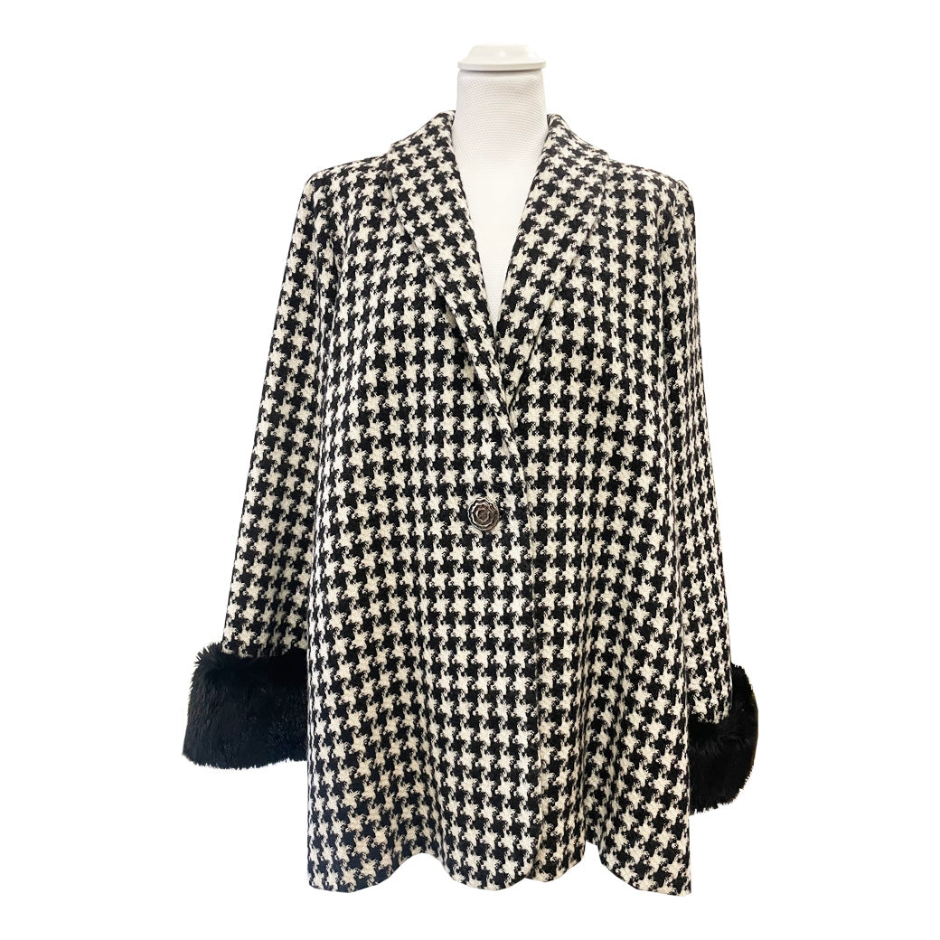 Vintage Houndstooth Wool Coat with Faux Fur