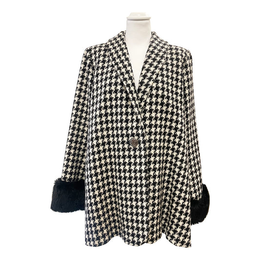 Vintage Houndstooth Wool Coat with Faux Fur