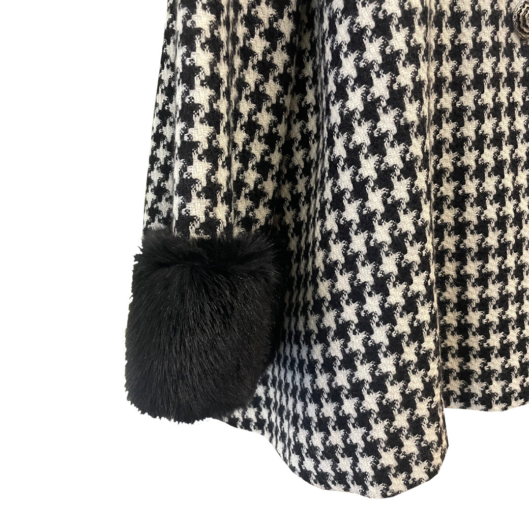 Vintage Houndstooth Wool Coat with Faux Fur