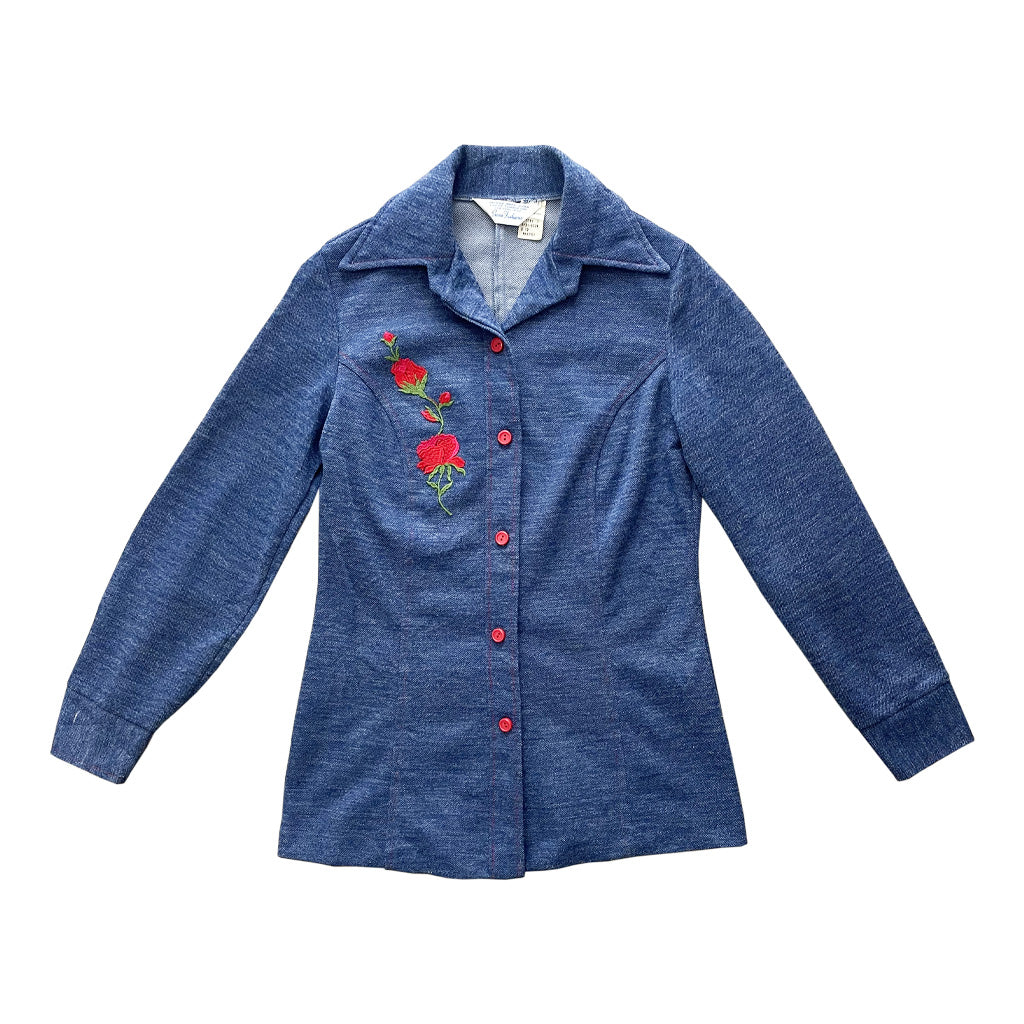 Vintage Jeans Effect Shirt With Embroidery 1970s