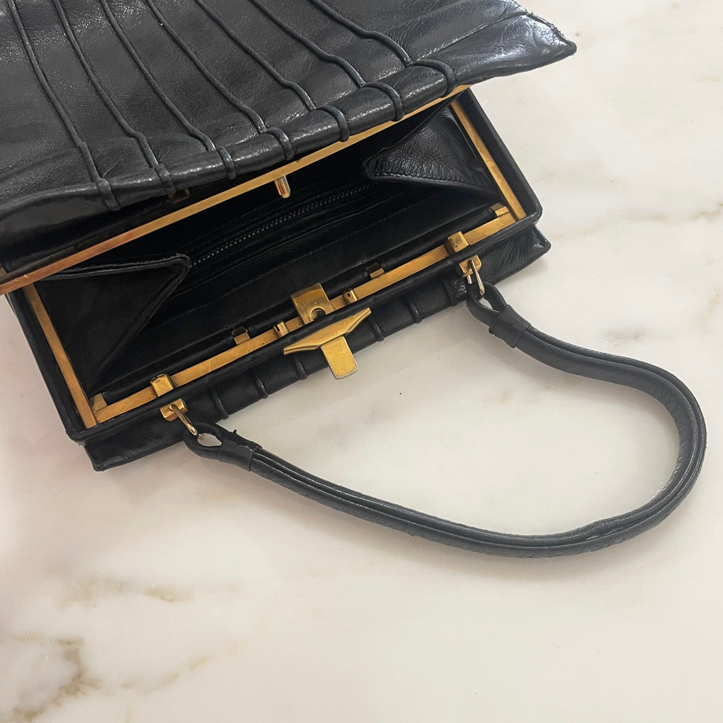 Vintage Black Genuine Leather Handbag 1960s