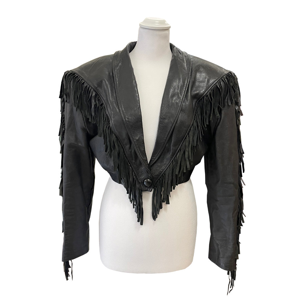 Vintage Short Black Genuine Leather Jacket with Fringes 1980s