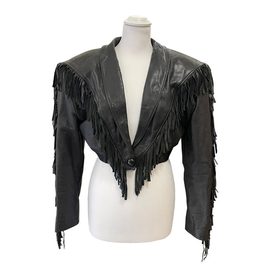 Vintage Short Black Genuine Leather Jacket with Fringes 1980s