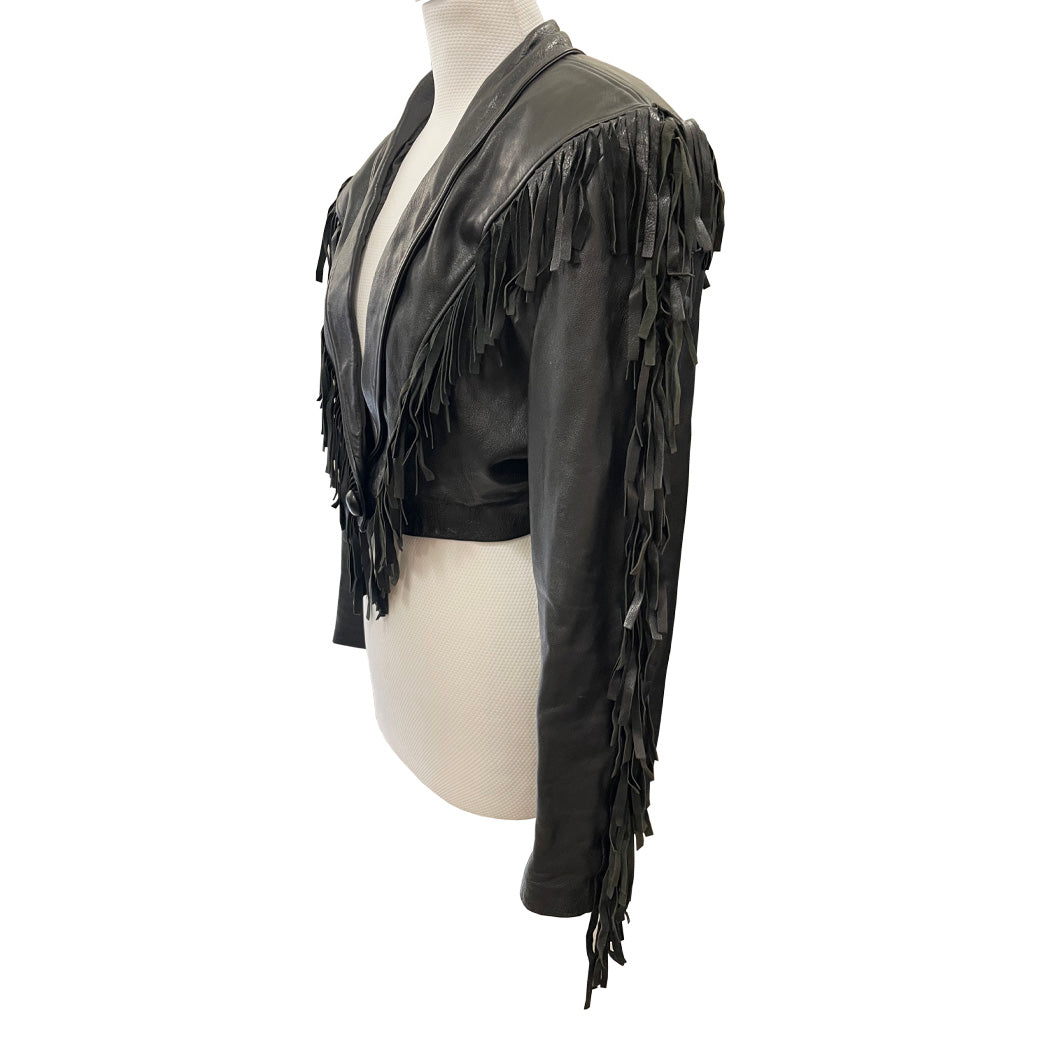 Vintage Short Black Genuine Leather Jacket with Fringes 1980s