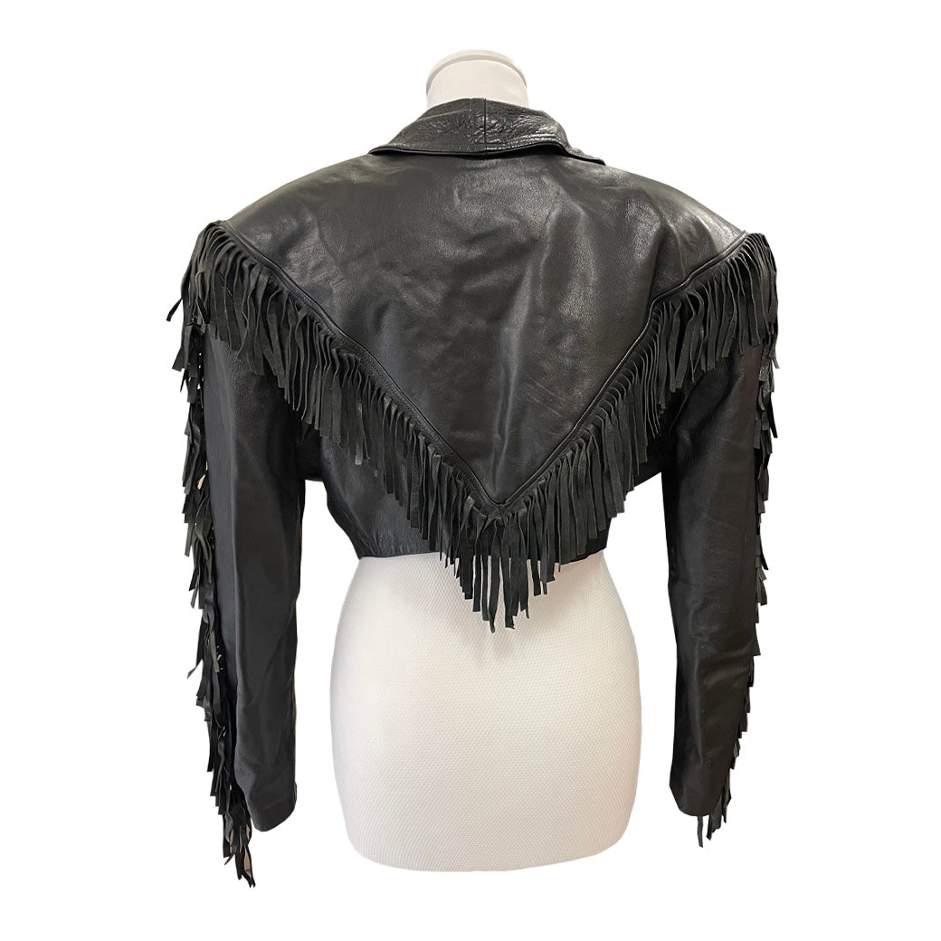 Vintage Short Black Genuine Leather Jacket with Fringes 1980s