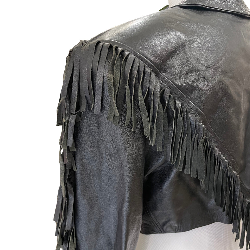 Vintage Short Black Genuine Leather Jacket with Fringes 1980s