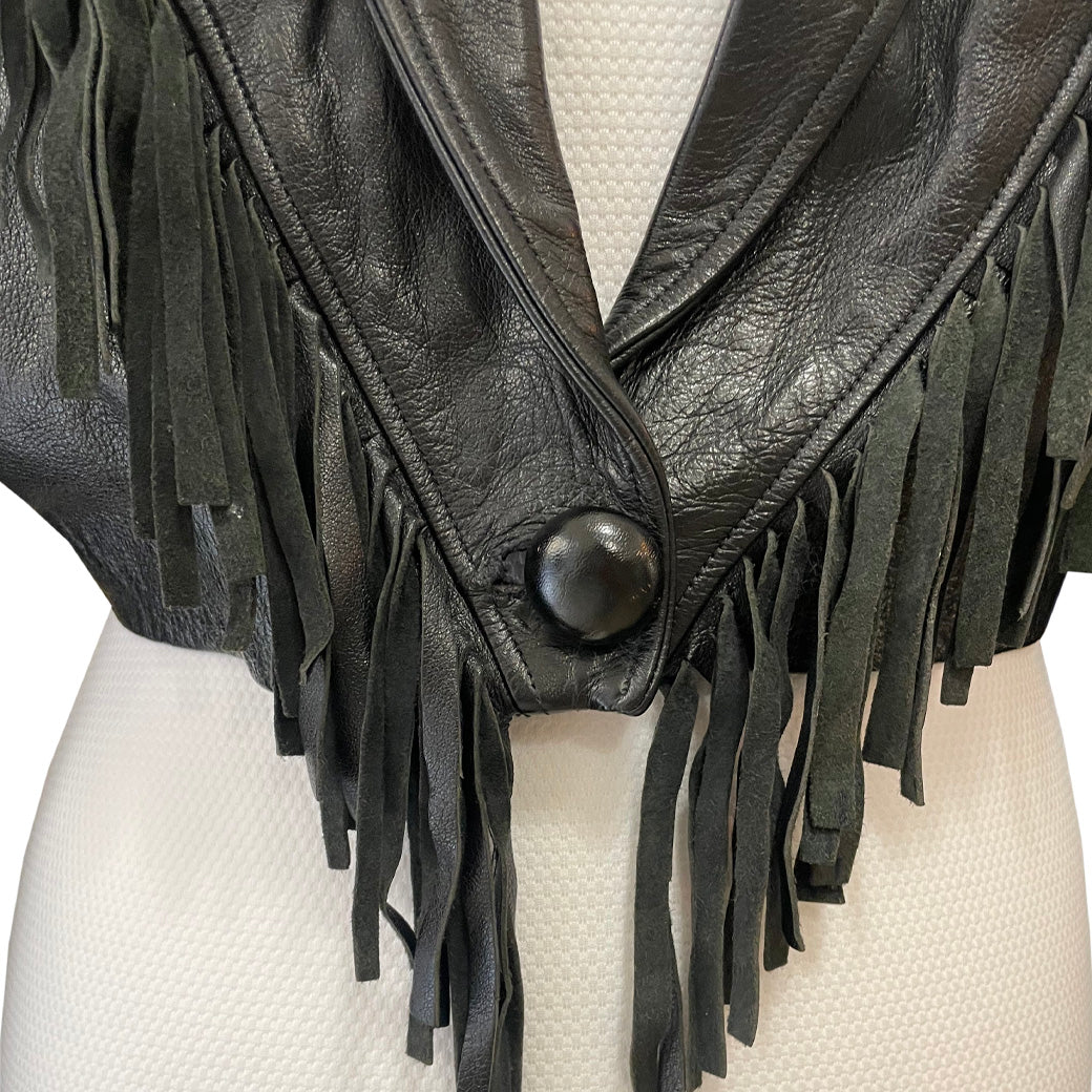 Vintage Short Black Genuine Leather Jacket with Fringes 1980s