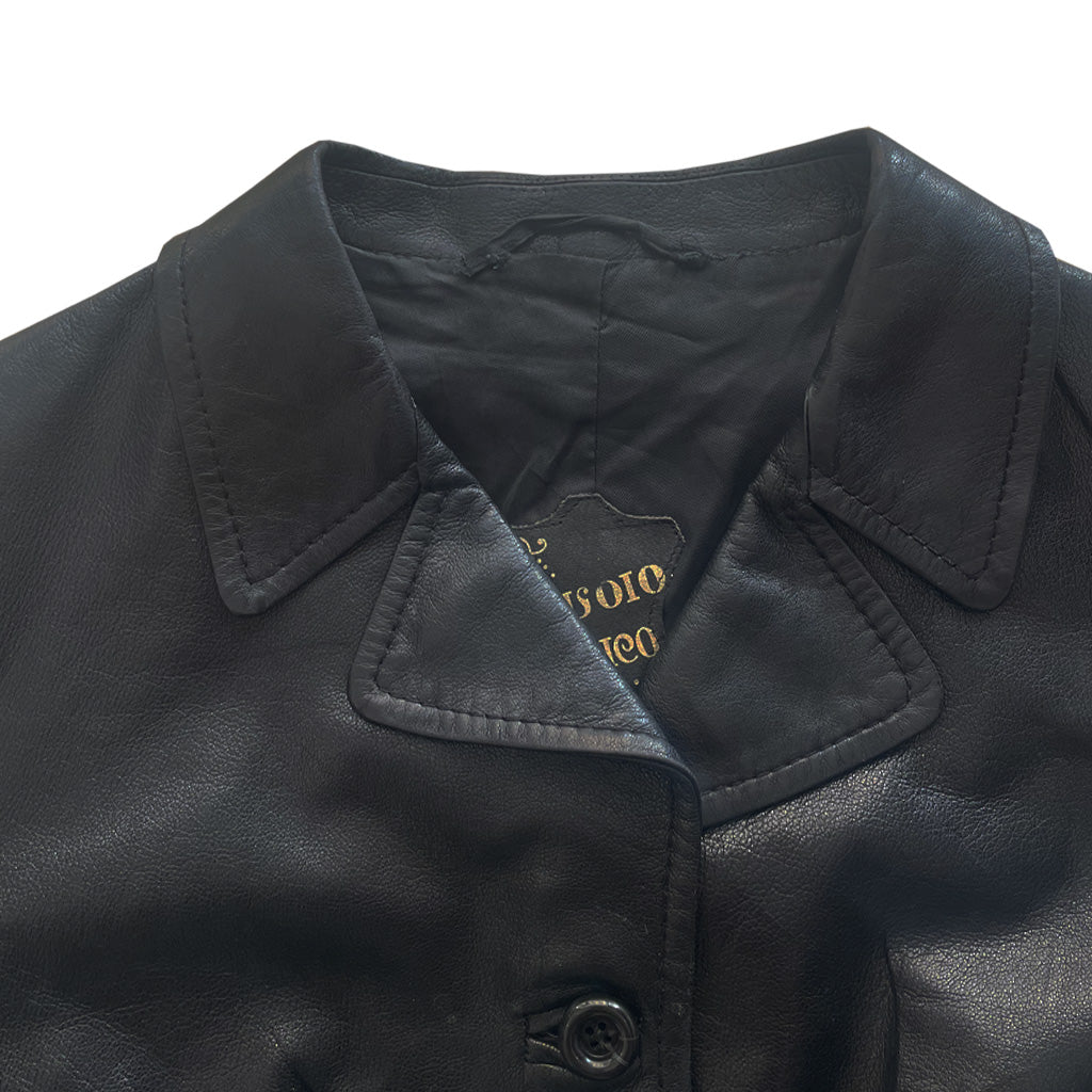 Vintage Black Genuine Leather Jacket With Belt 1970s