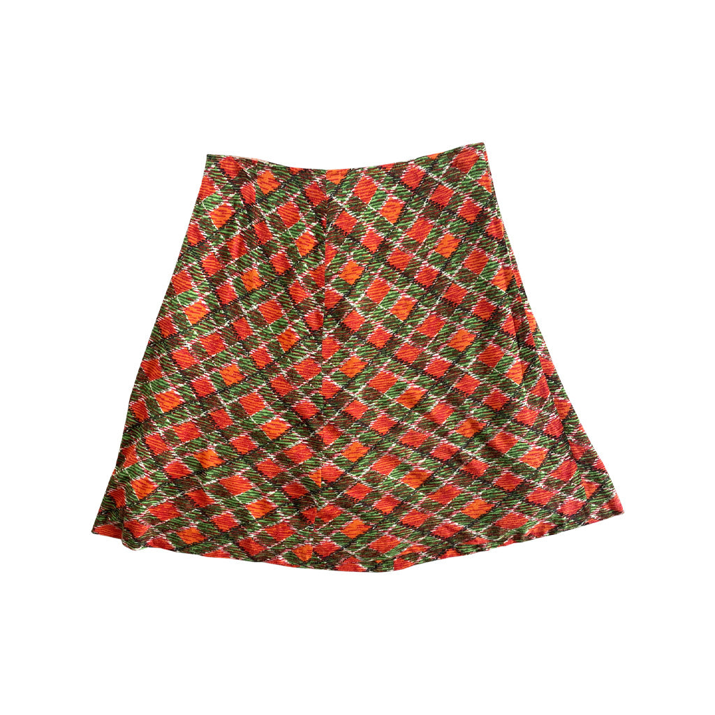 Vintage Patterned Wool Jersey Flared Skirt 1970s