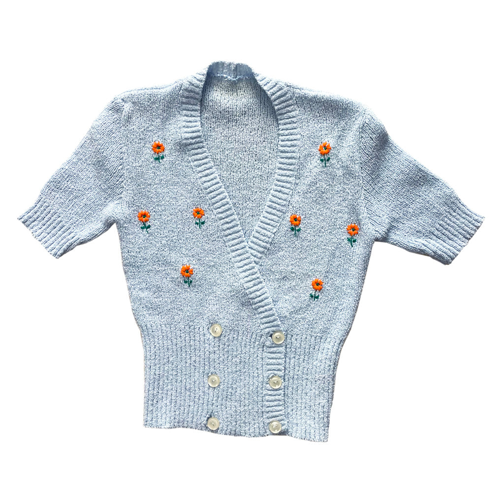 Vintage Spring Blue Sweater With Embroidery 1960s