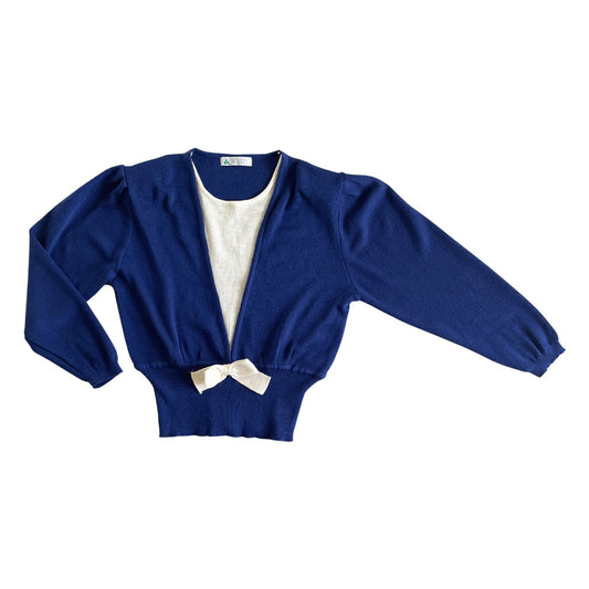 Vintage Blue Sweater With Bow and Puff Sleeves 1980s