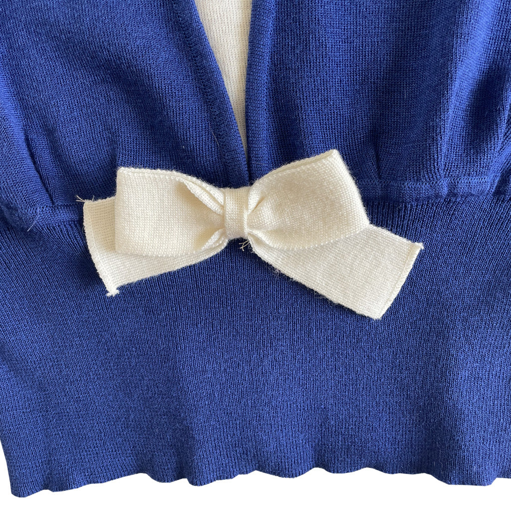 Vintage Blue Sweater With Bow and Puff Sleeves 1980s