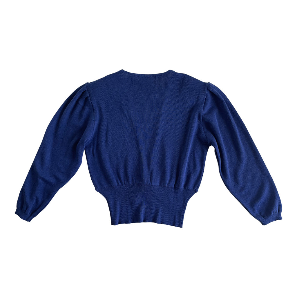 Vintage Blue Sweater With Bow and Puff Sleeves 1980s