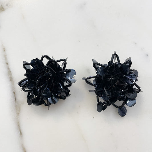 Vintage Black Beaded Clip Earrings 1980s