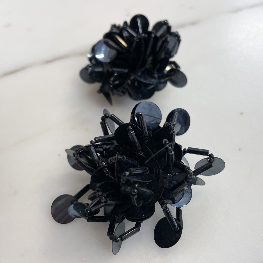 Vintage Black Beaded Clip Earrings 1980s