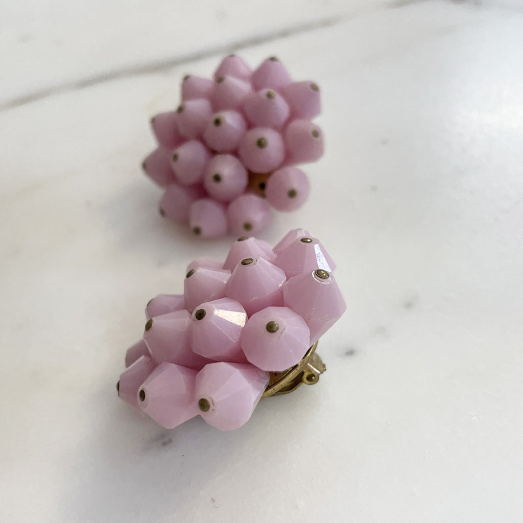 Vintage Pink Beaded Clip Earrings 1980s