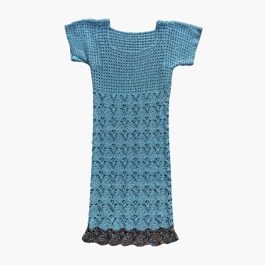 Vintage Handmade Light Blue Crochet Dress 1970s