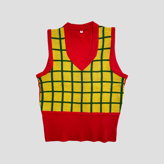 Vintage Checked Print Knit Vest 1970s